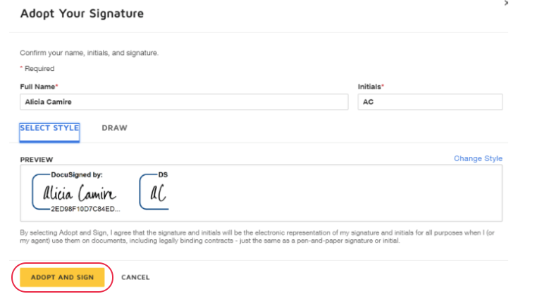 clicking adopt and sign with docusign