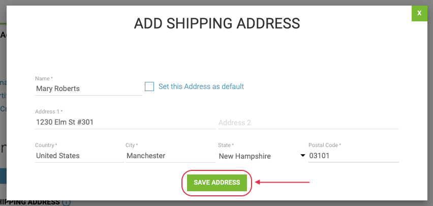 Input the new shipping address information and click SAVE ADDRESS.