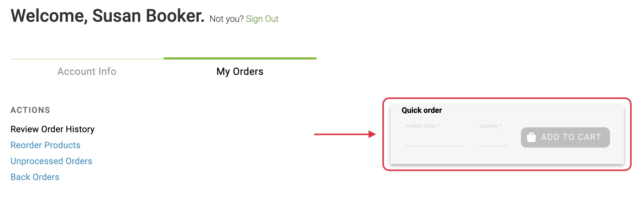 Searching for a product using the Quick order tool.
