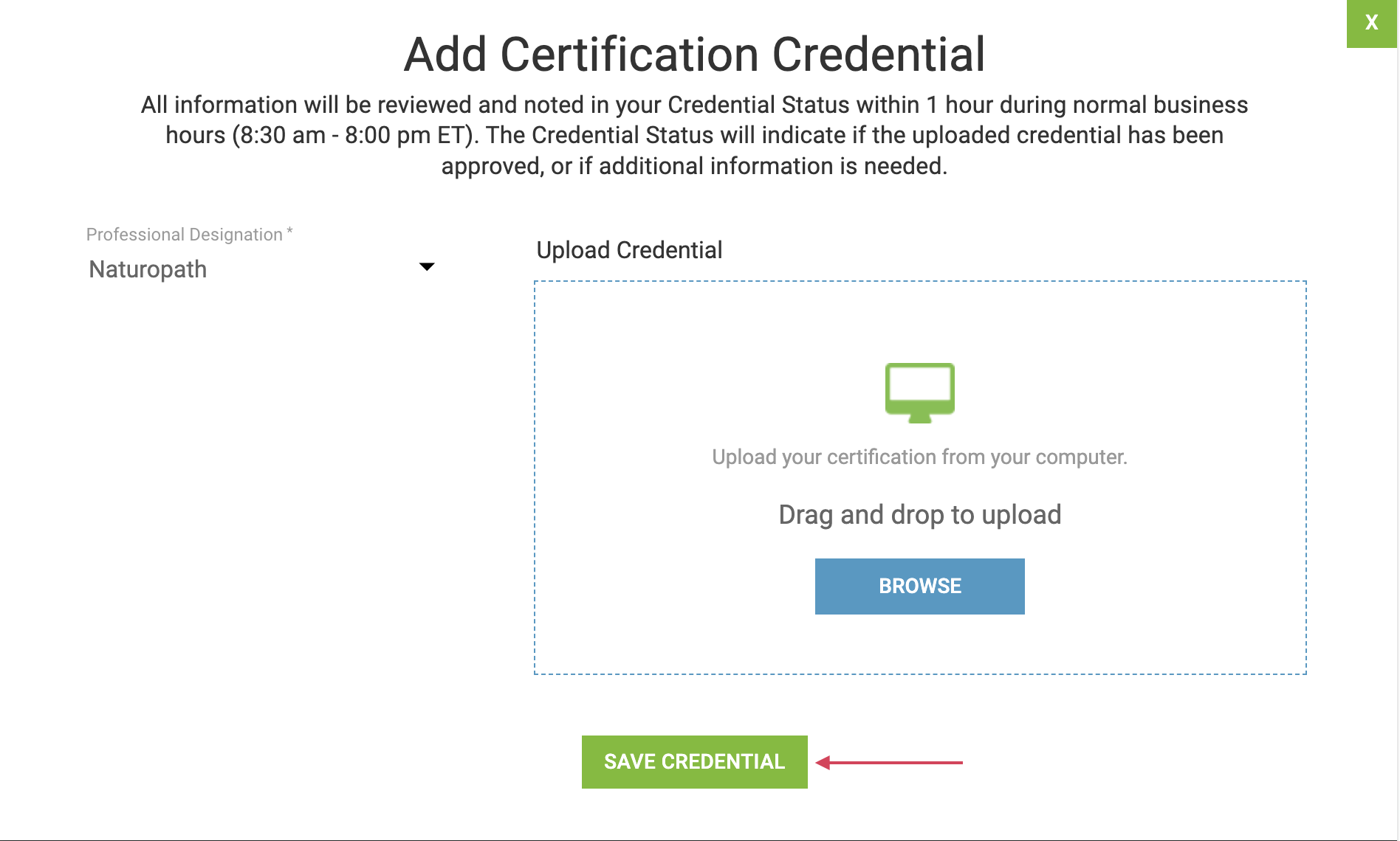 Select your designation and upload the credential file.