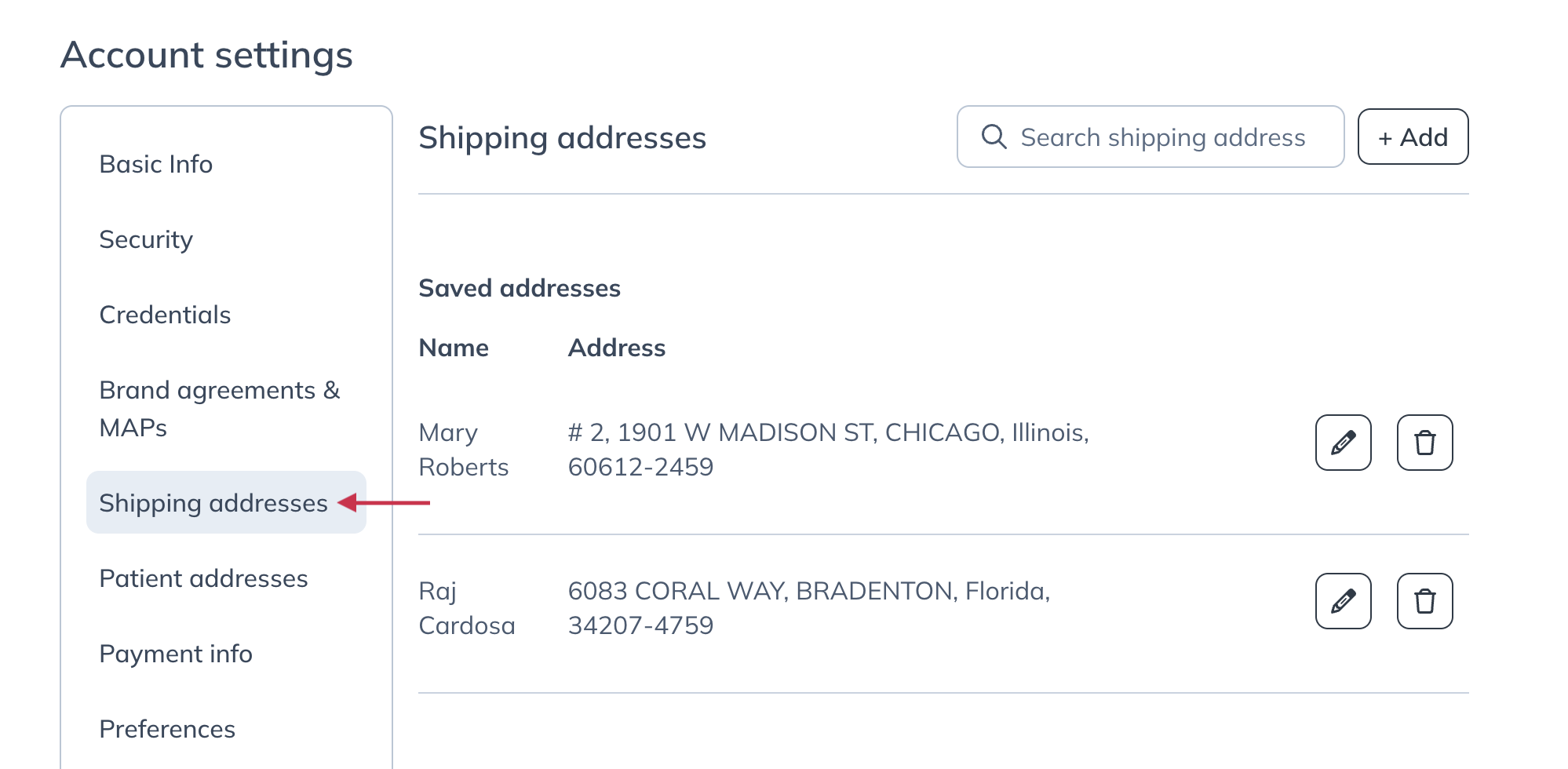 Shipping addresses tab