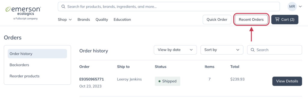 Click Recent orders to access your order history.