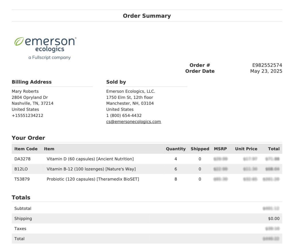 Viewing an Emerson Ecologics order summary.