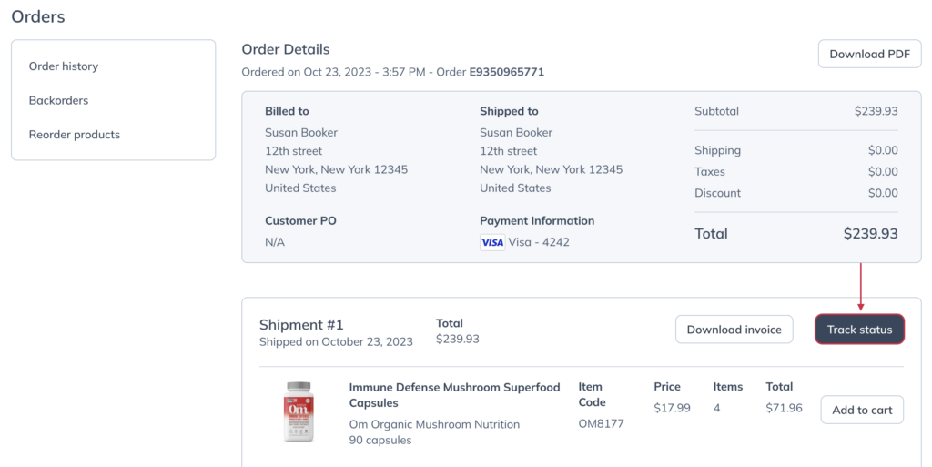 Tracking an order from the Recent Orders page.